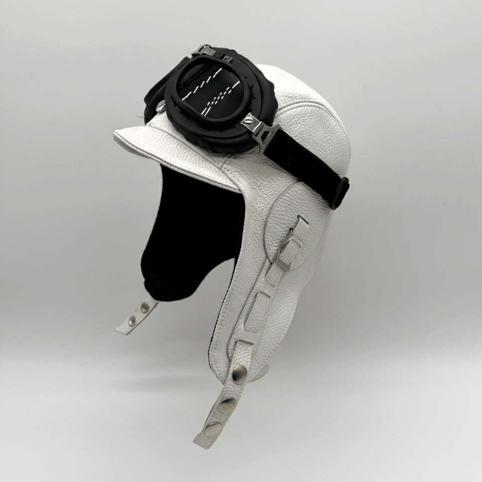 White Leather Aviator Hat - Simon Model
