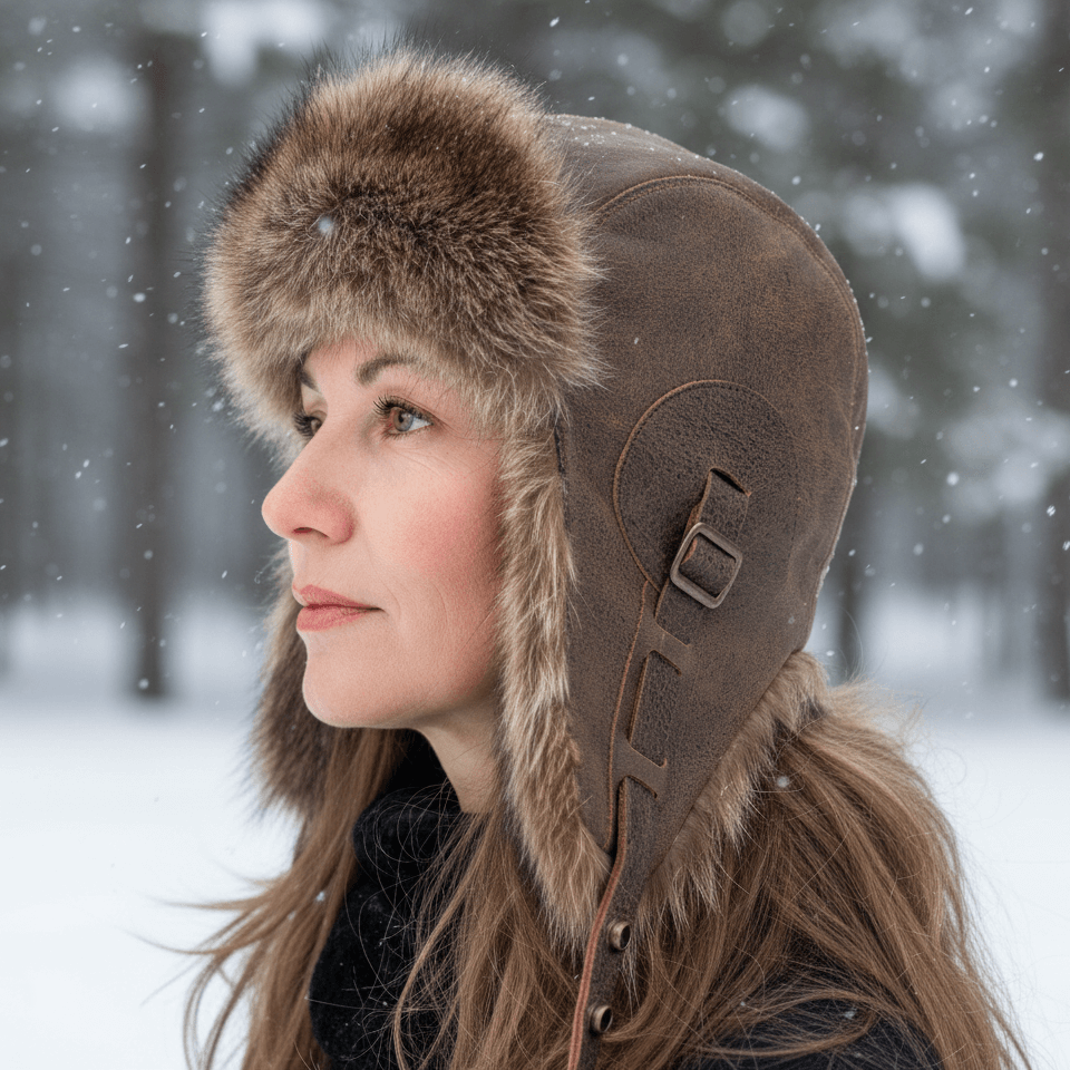 Chapeau aviateur en fourrure de raton laveur, cuir marron antique - Modèle Simon