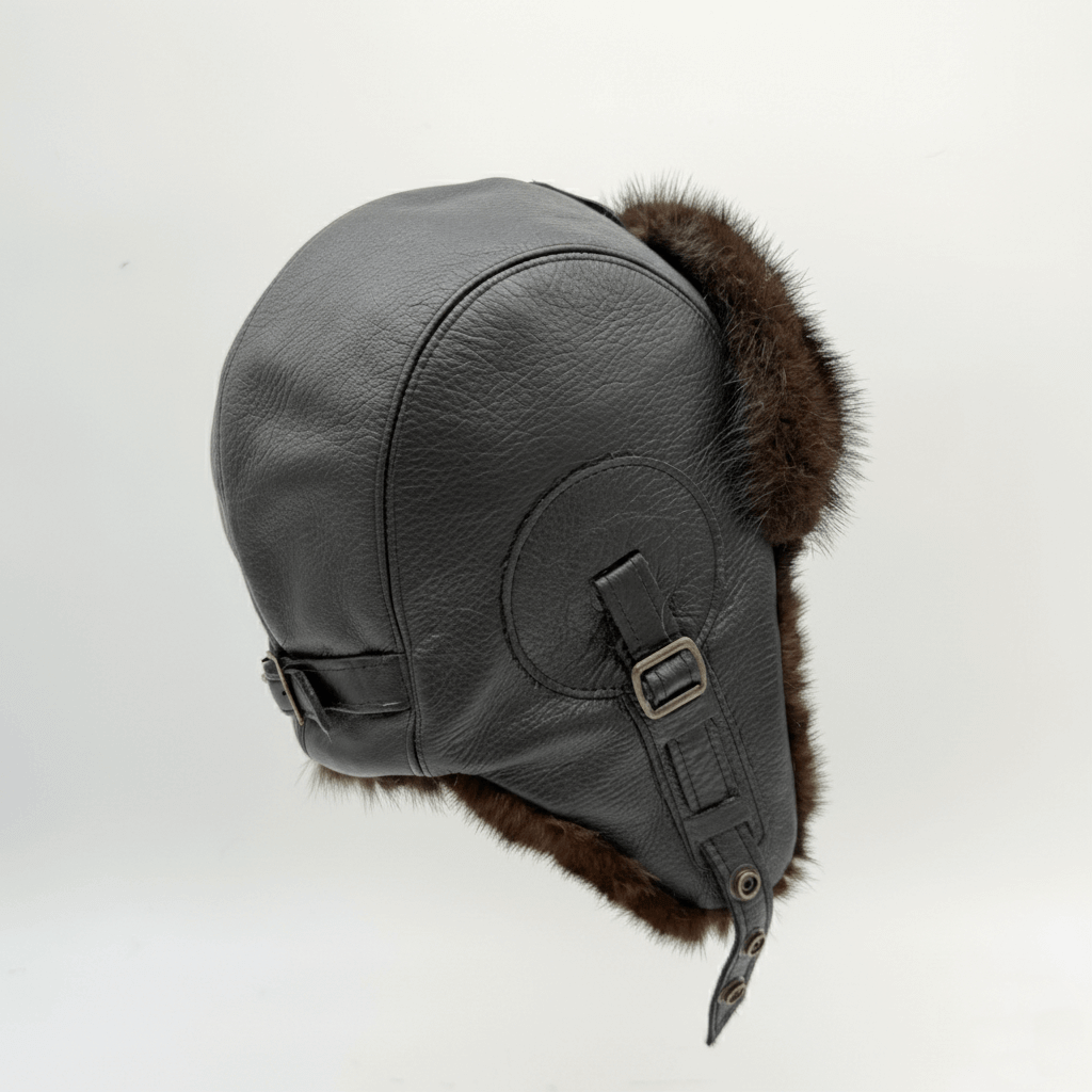 Chapeau aviateur en fourrure de vison noir, cuir noir - Modèle Simon