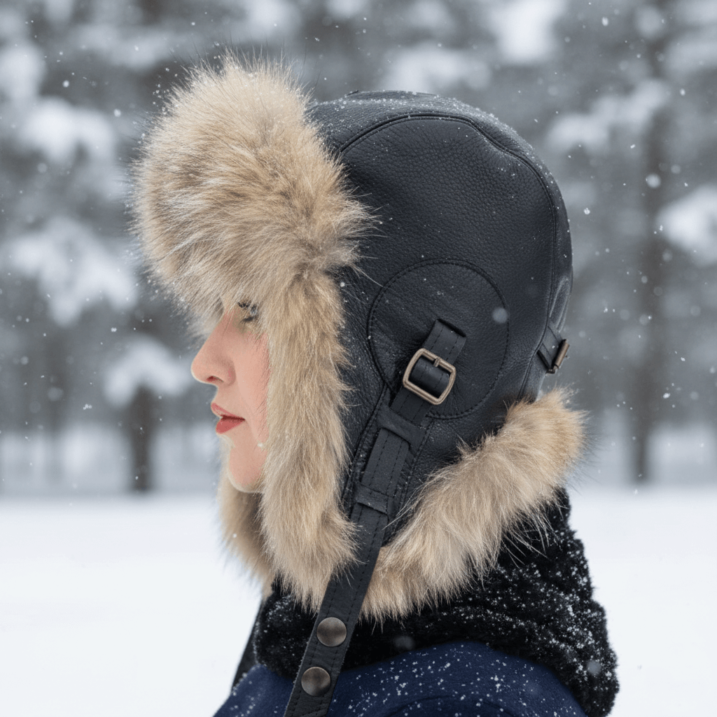 Wolf Fur Aviator Hat, Black Leather - Simon Model