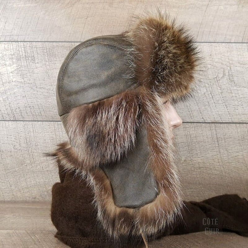 Men's Hat Bomber Trapper Sheepskin Aviator Ushanka Winter Fur Shearling, 56 - 57 cm / Brown