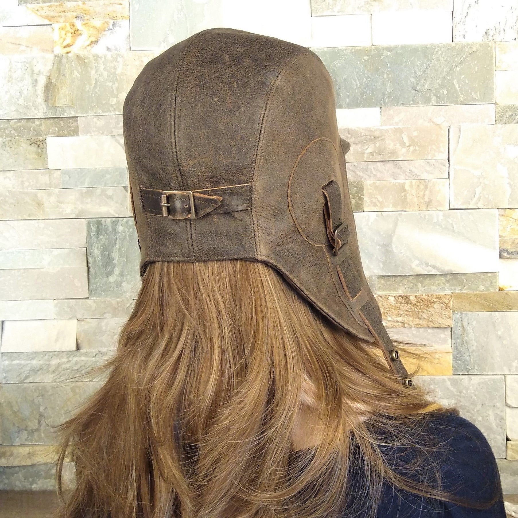 Antique Brown Leather Aviator Hat - Simon Model