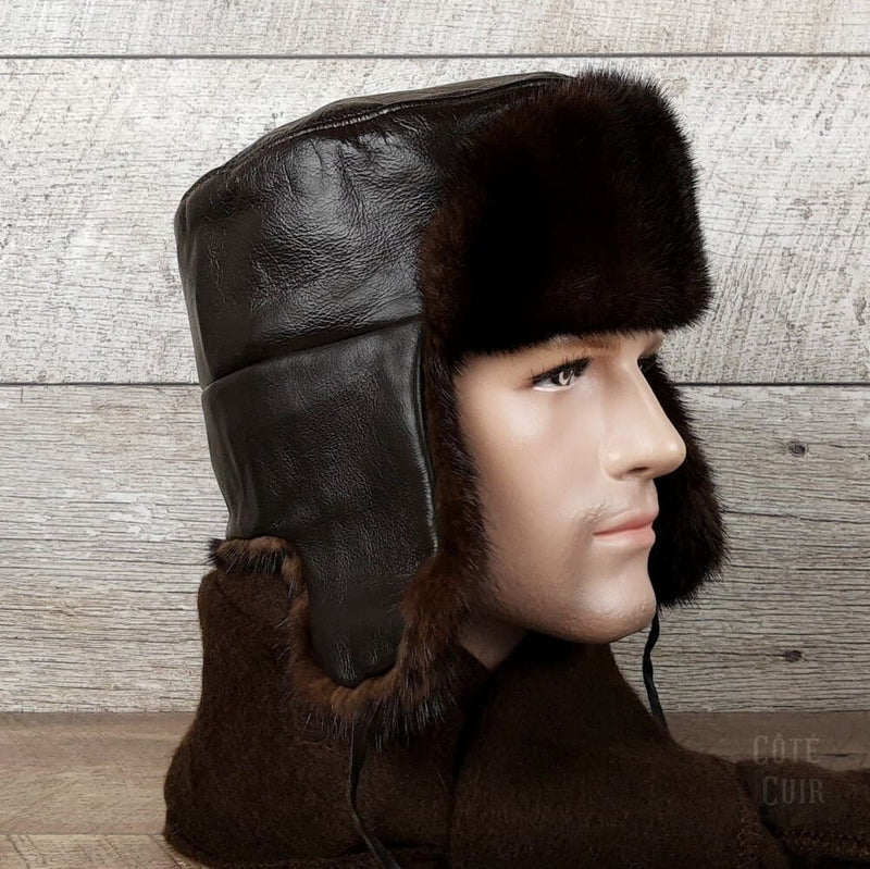 Brown Fur Russian Ushanka Hat for Men Real Fur Cote Cuir