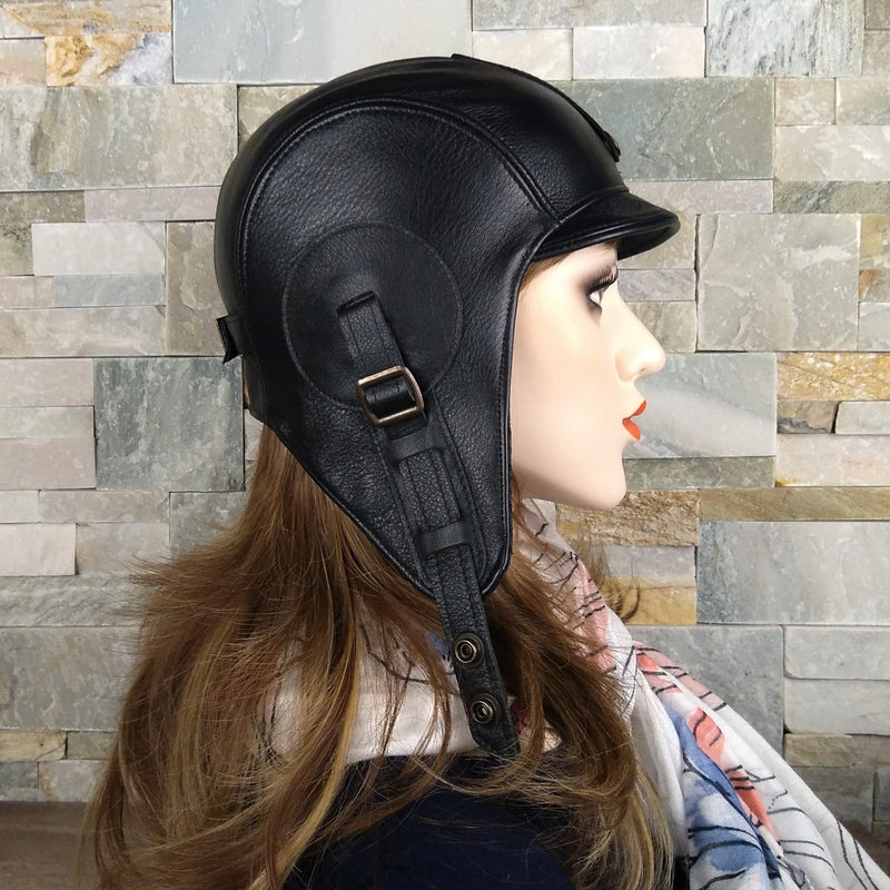 black leather aviator hat