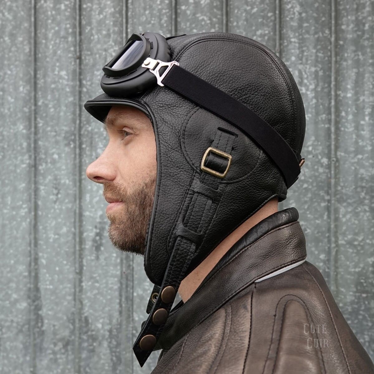 Black Leather Aviator Hat - Simon Model