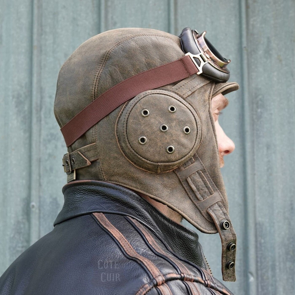 Brown leather aviator hat