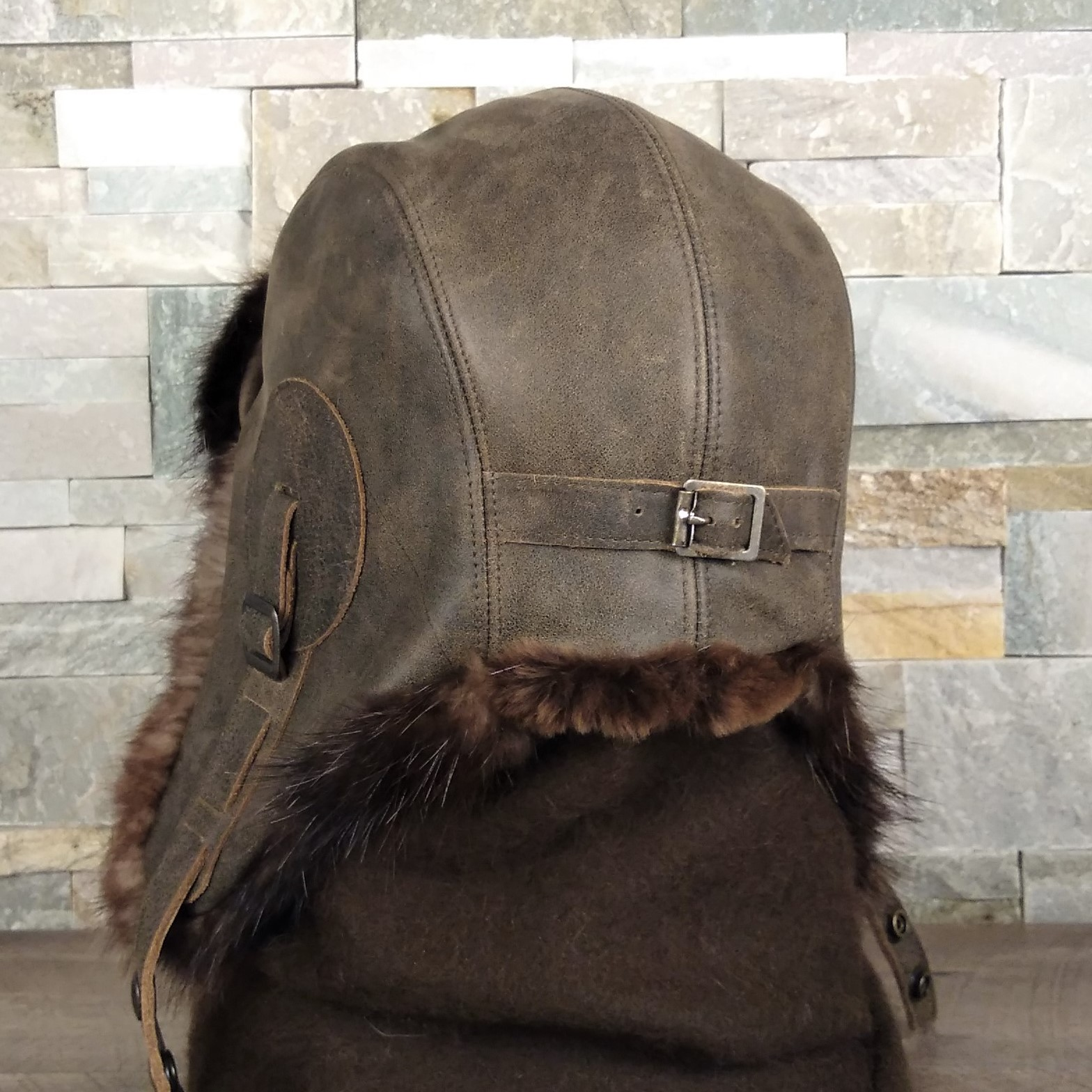 Beaver Fur Aviator Hat, Antique Brown Leather - Simon Model
