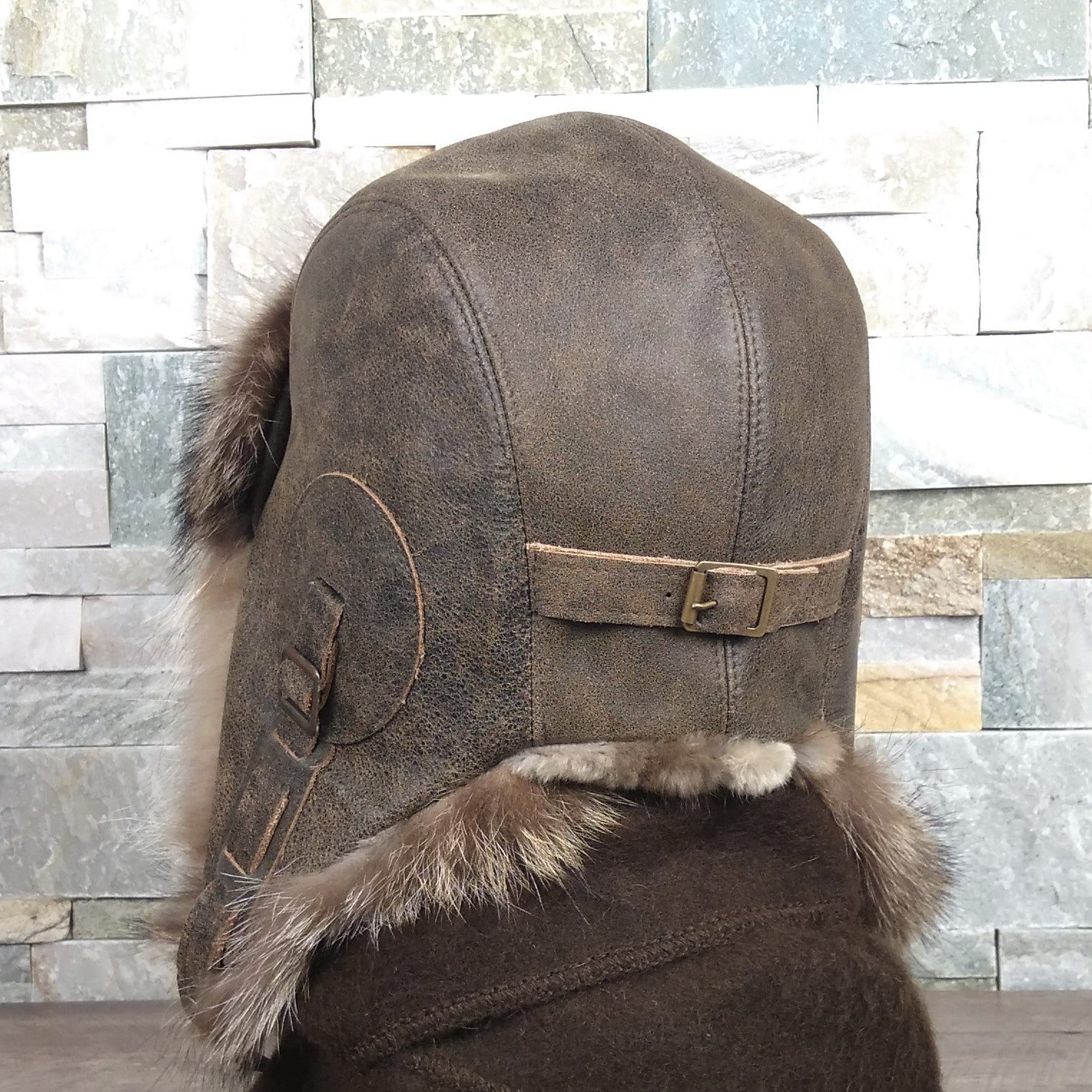 Raccoon Fur Aviator Hat, Antique Brown Leather - Simon Model