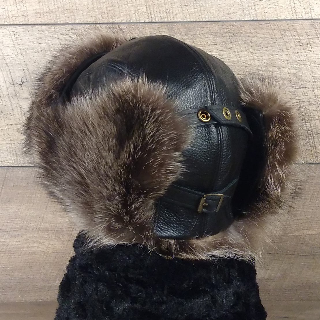 Raccoon Fur Aviator Hat, Black Leather - Simon Model