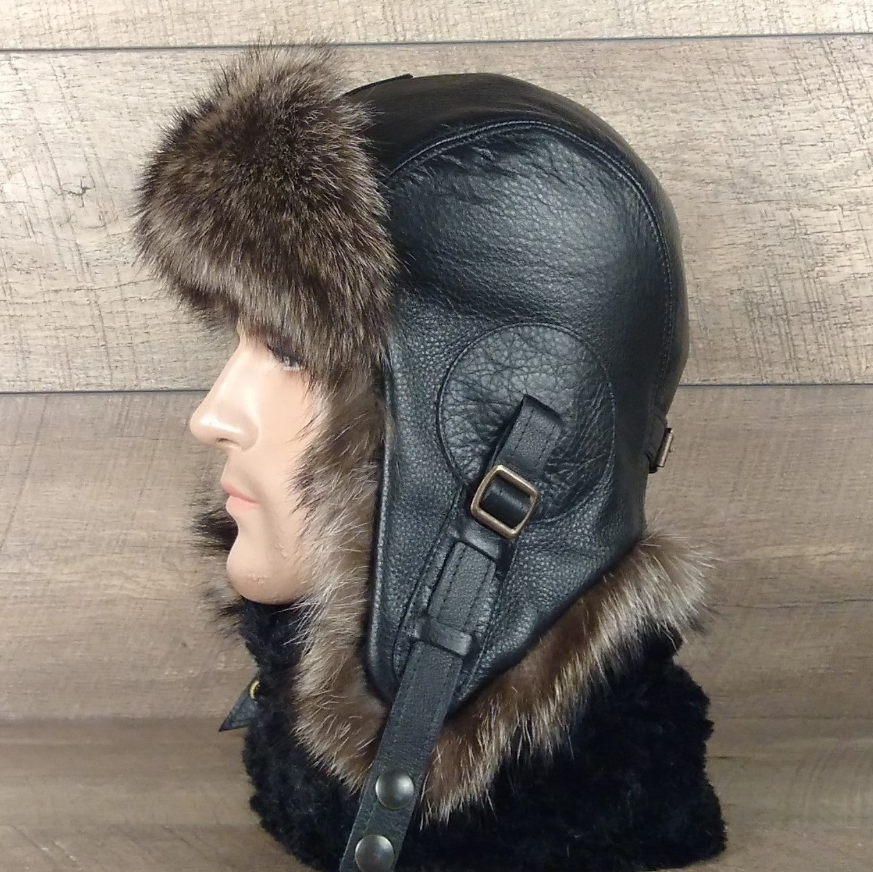 Fur aviator bomber hat black leather