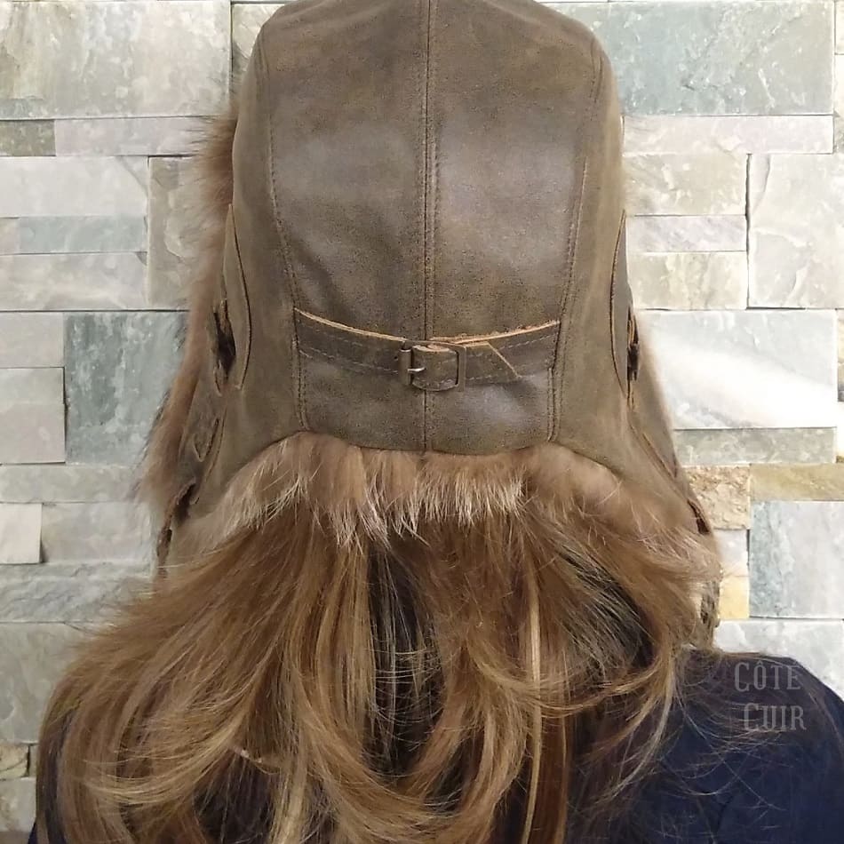Raccoon Fur Aviator Hat, Antique Brown Leather - Simon Model