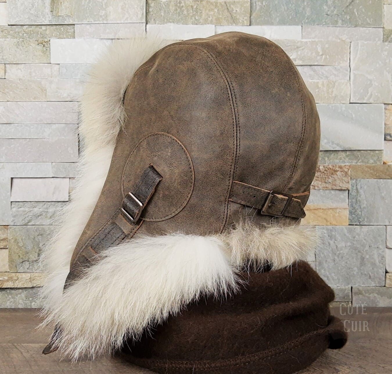 Wolf Fur Aviator Hat, Antique Brown Leather - Simon Model