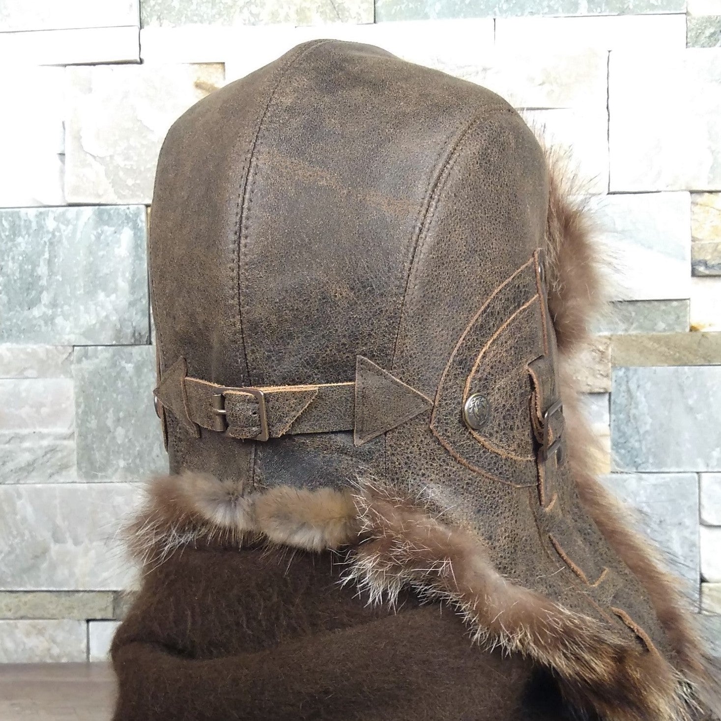 Raccoon Fur Aviator Hat, Antique Brown Leather - Antoine Model