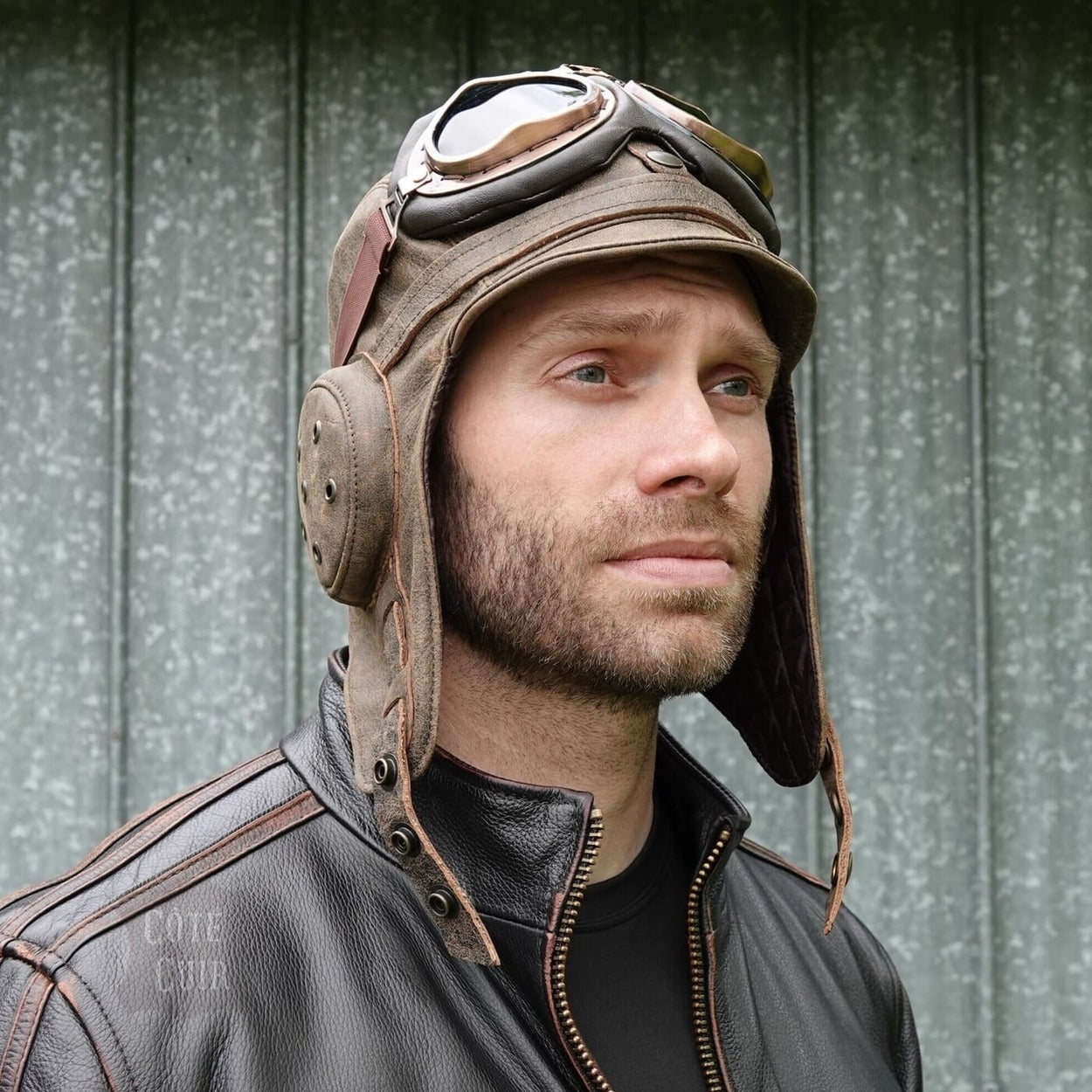 Leather aviator helmet and goggles