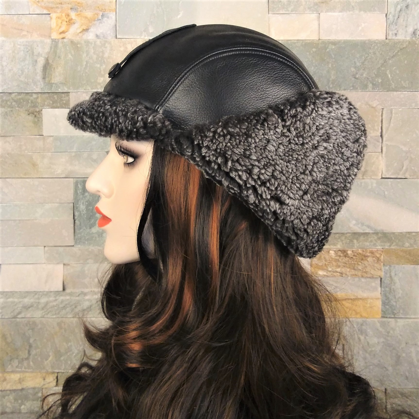 Black sheepskin aviator cap