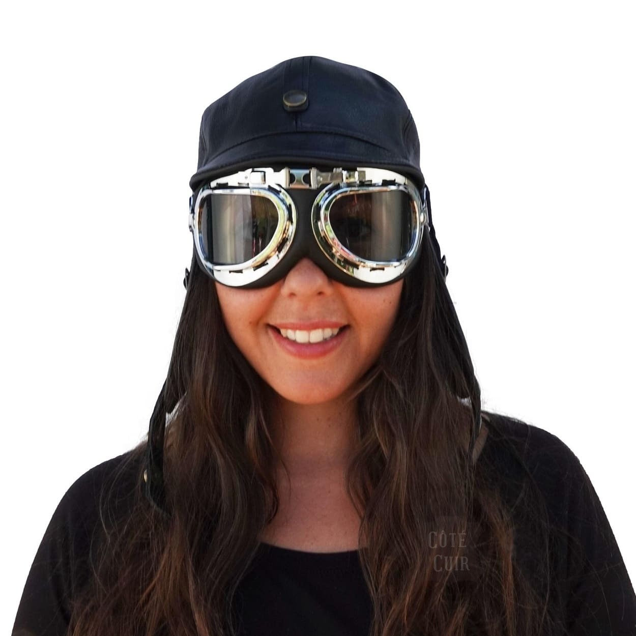 Close-up of Chrome Vintage Aviator Goggles lenses and frame
