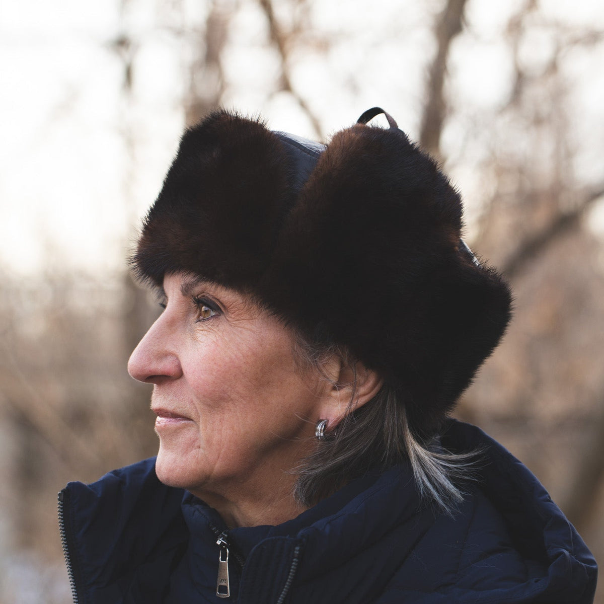 Front view of Recycled Mink Fur Russian Ushanka Hat for Women, handmade in Quebec