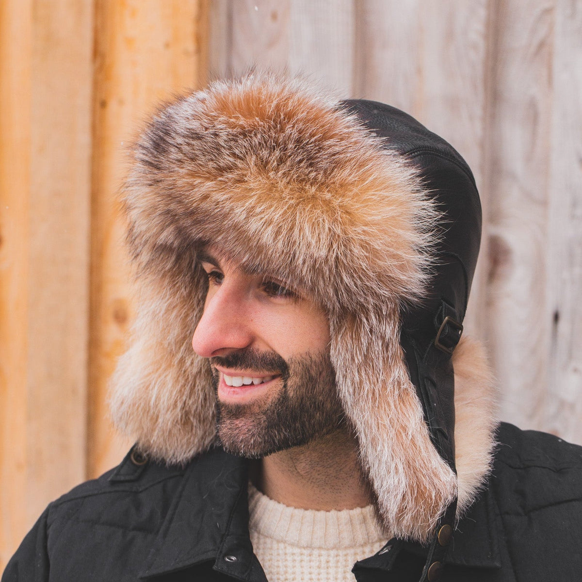 Front view of Recycled Silver Fox Fur Hat, Black Leather Simon Model, handmade in Quebec