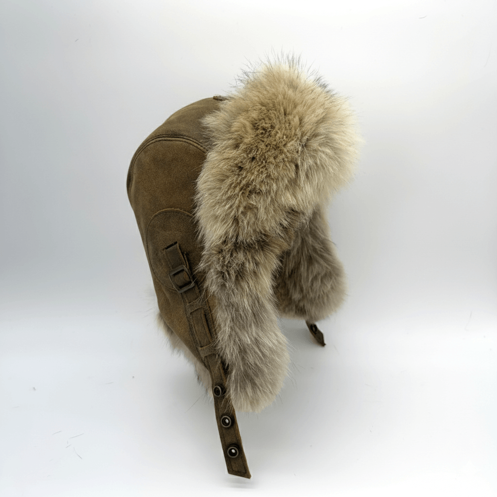 Wolf Fur Aviator Hat, Antique Brown Leather - Simon Model