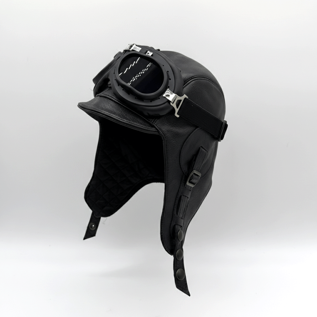 Black Leather Aviator Hat - Simon Model
