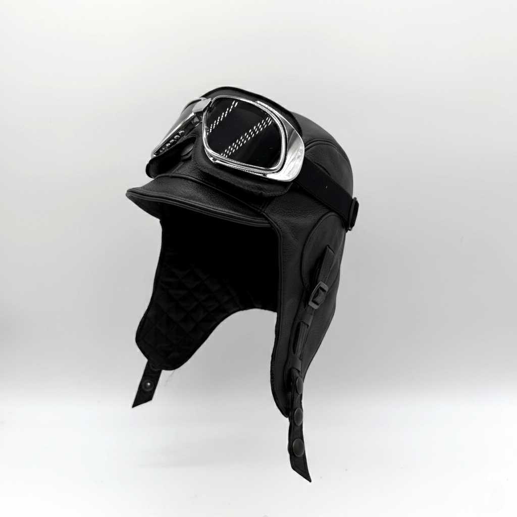 Black Leather Aviator Hat - Simon Model