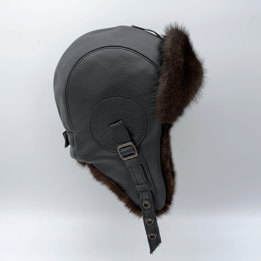 Chapeau aviateur en fourrure de vison noir, cuir noir - Modèle Simon