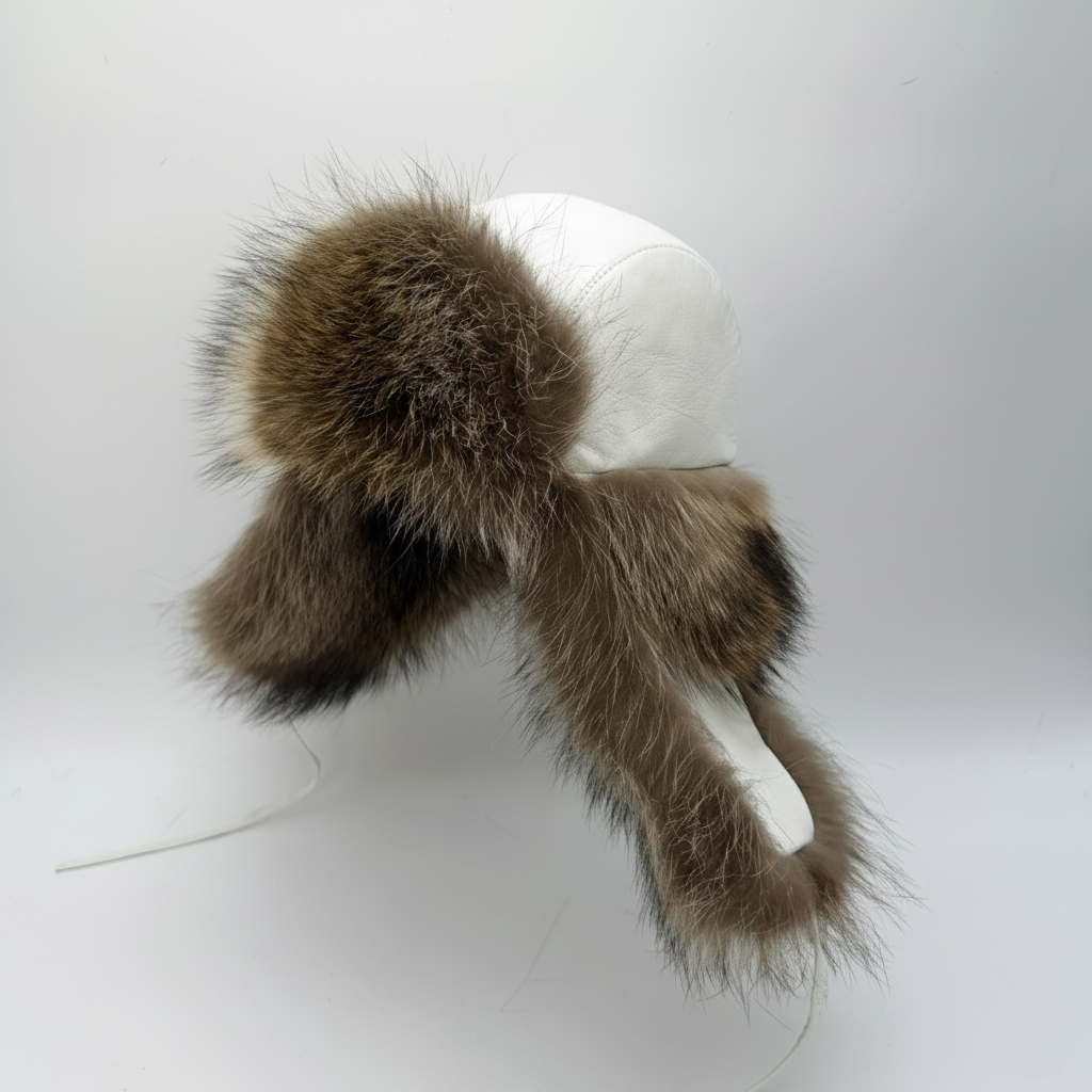 Raccoon Fur Trapper Hat, White Leather