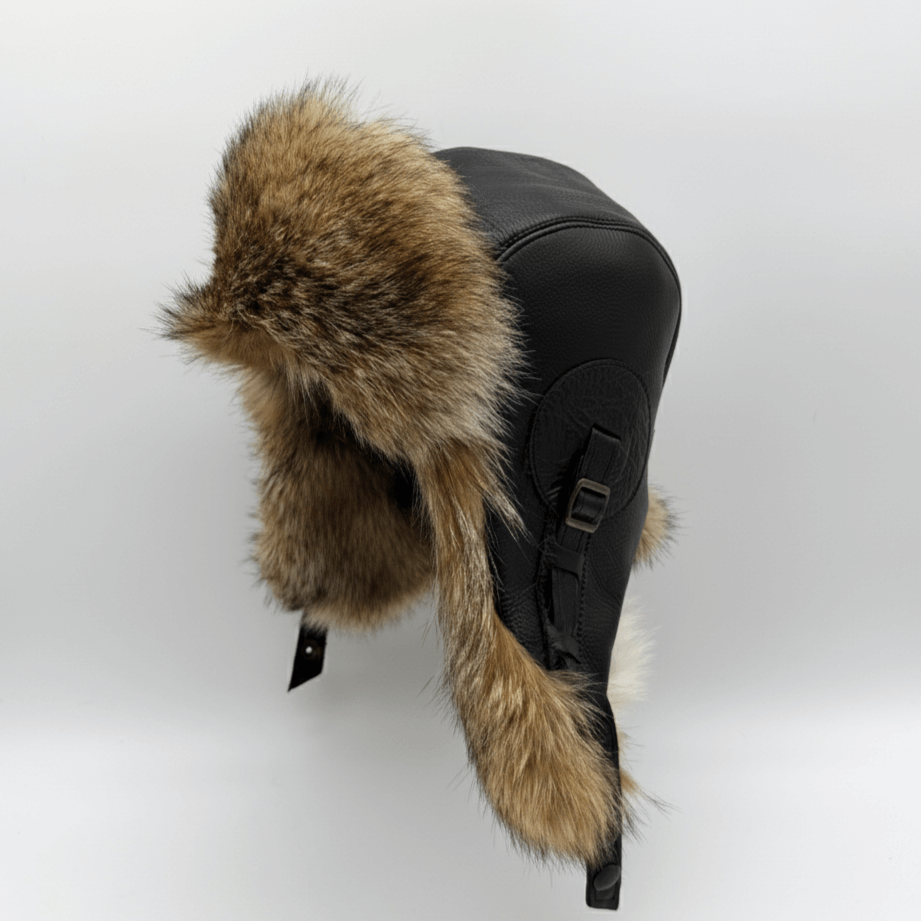 Coyote Fur Aviator Hat, Black Leather - Simon Model