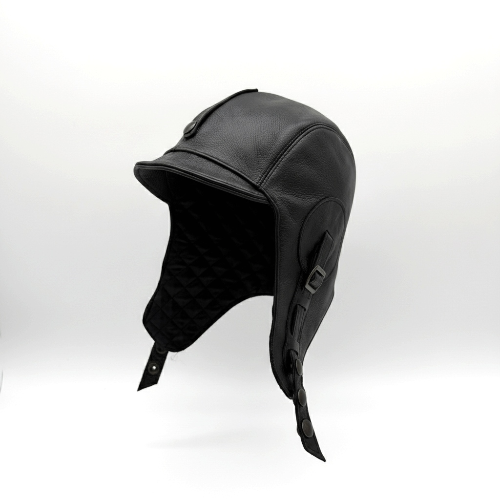 Black Leather Aviator Hat - Simon Model