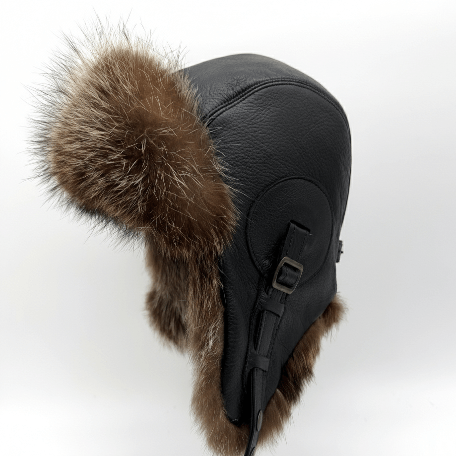 Raccoon Fur Aviator Hat, Black Leather - Simon Model