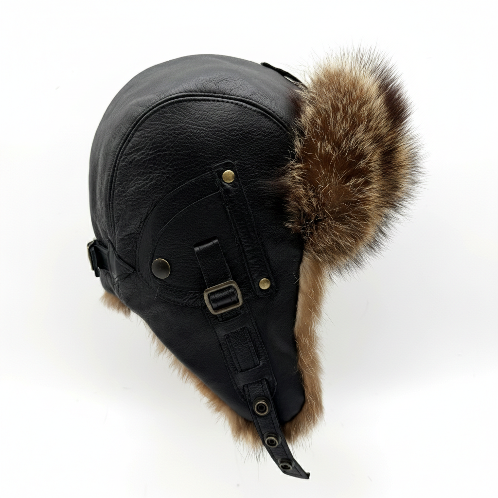 Raccoon Fur Aviator Hat, Black Leather - Antoine Model