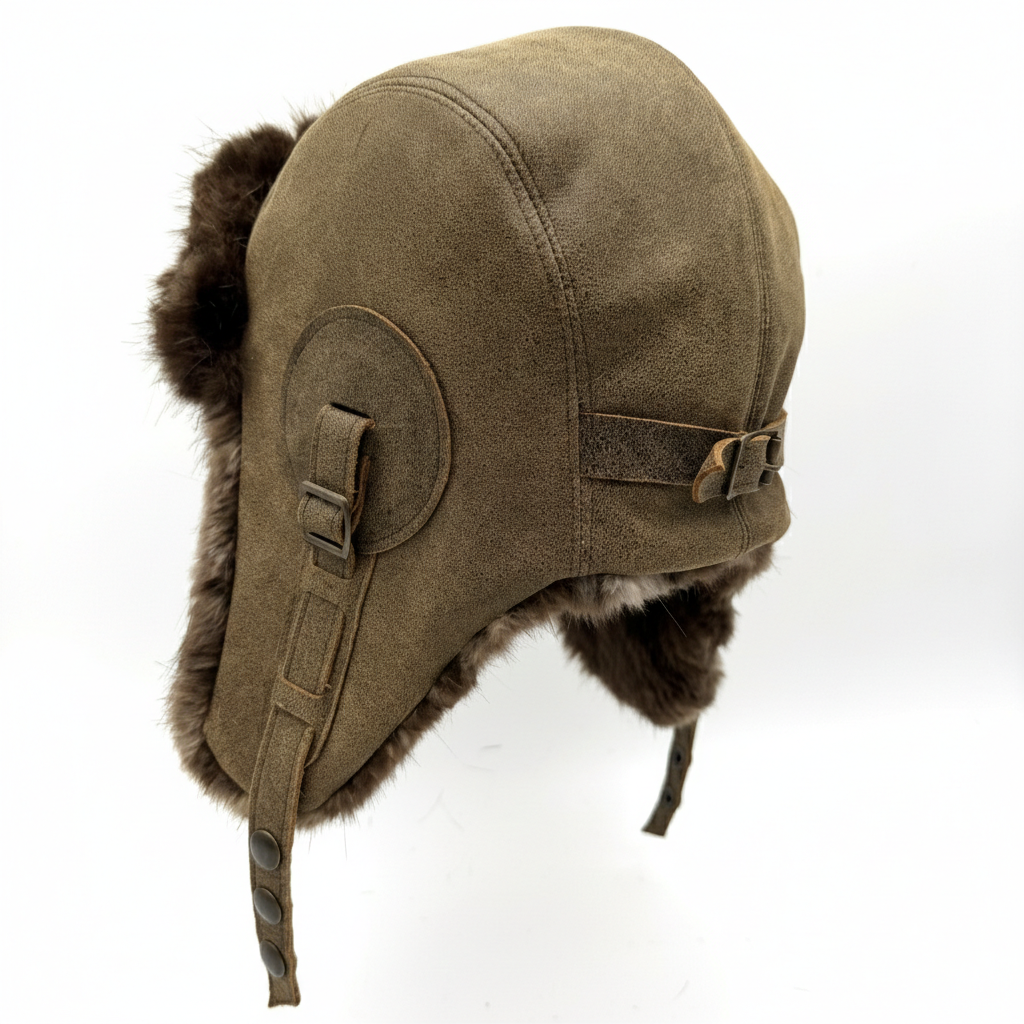Beaver Fur Aviator Hat, Antique Brown Leather - Simon Model