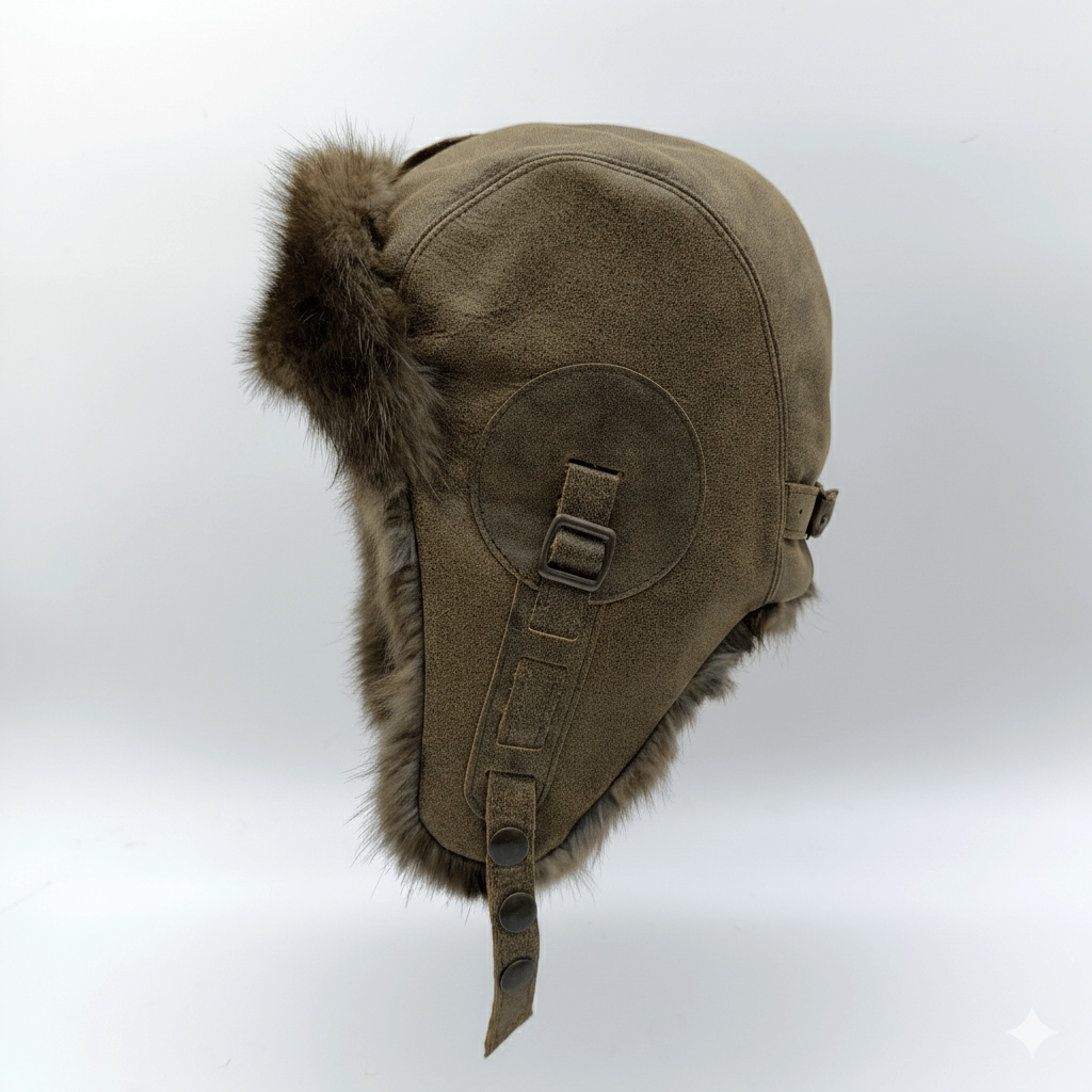 Muskrat Fur Aviator Hat, Antique Brown Leather - Simon Model