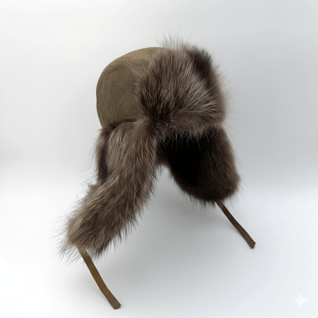 Chapeau trappeur en fourrure de raton laveur, cuir noir