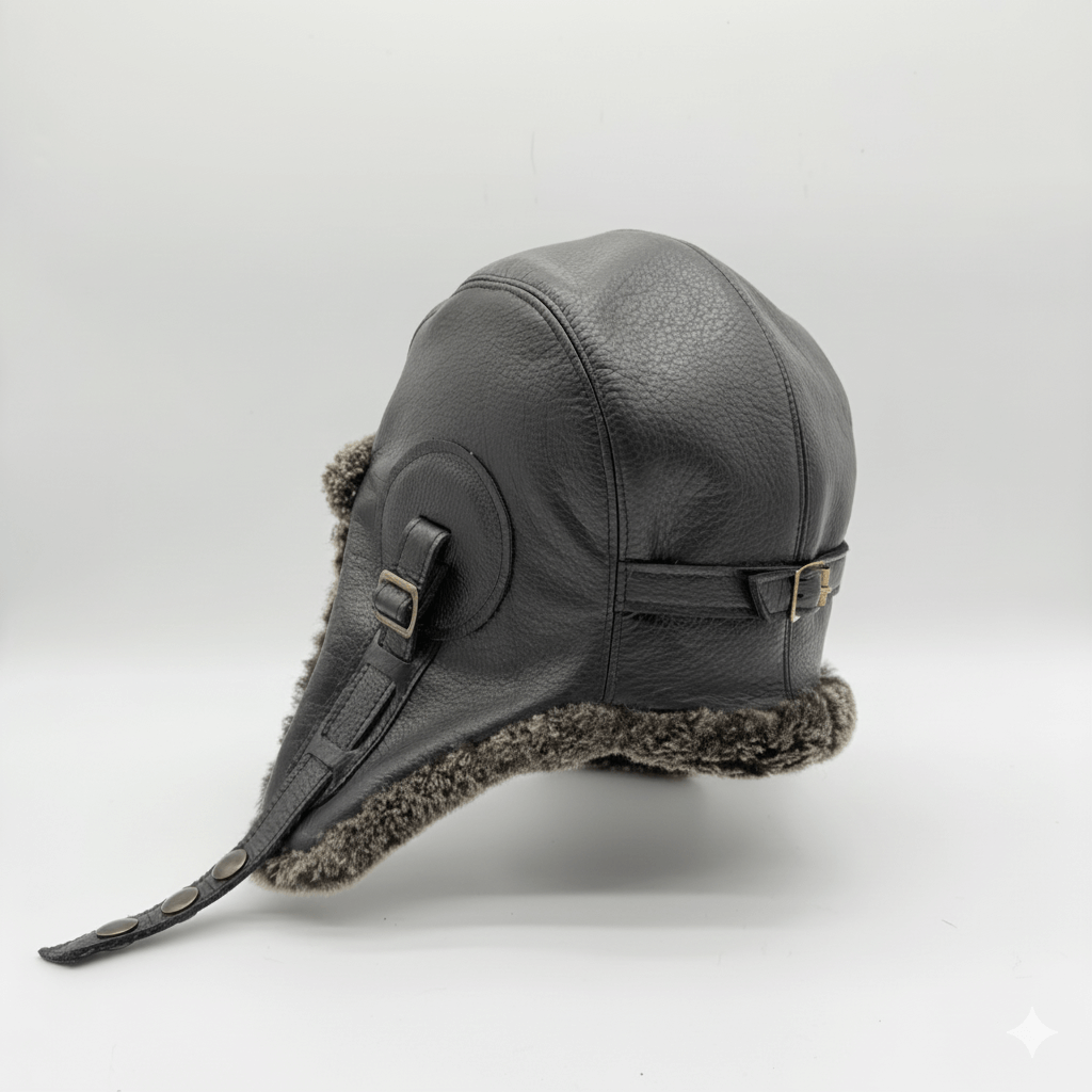 Chapeau aviateur en peau de mouton grise, cuir noir - Modèle Simon