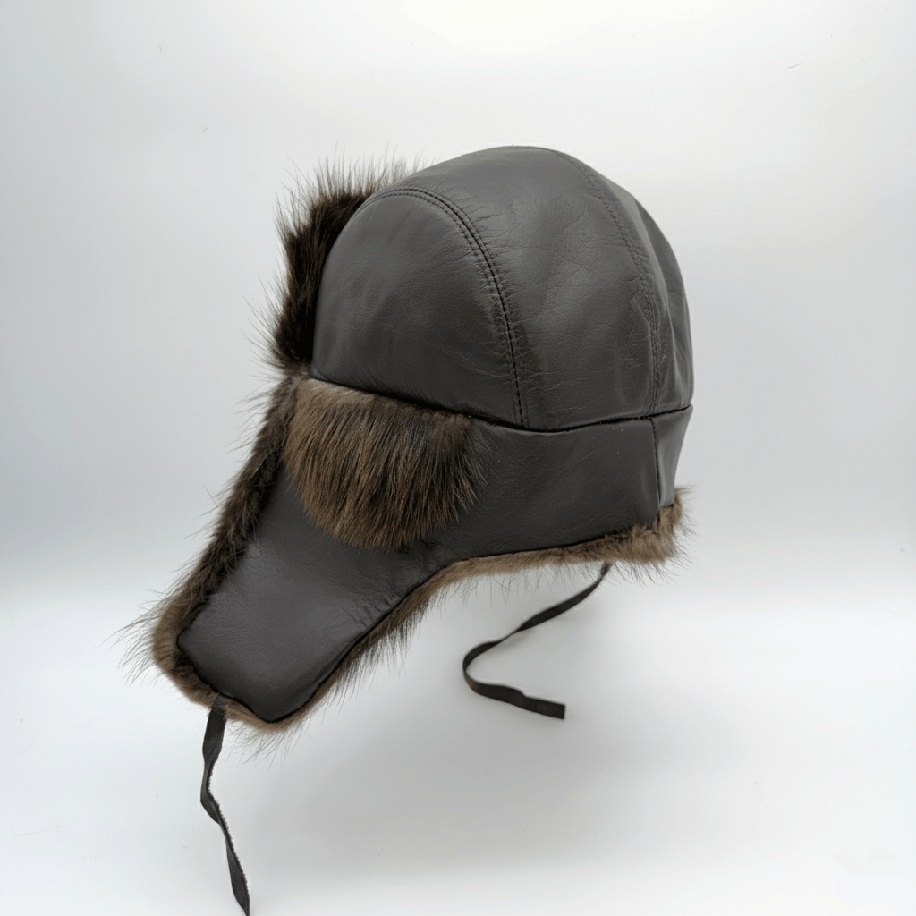 Beaver Fur Trapper Hat, Brown Leather