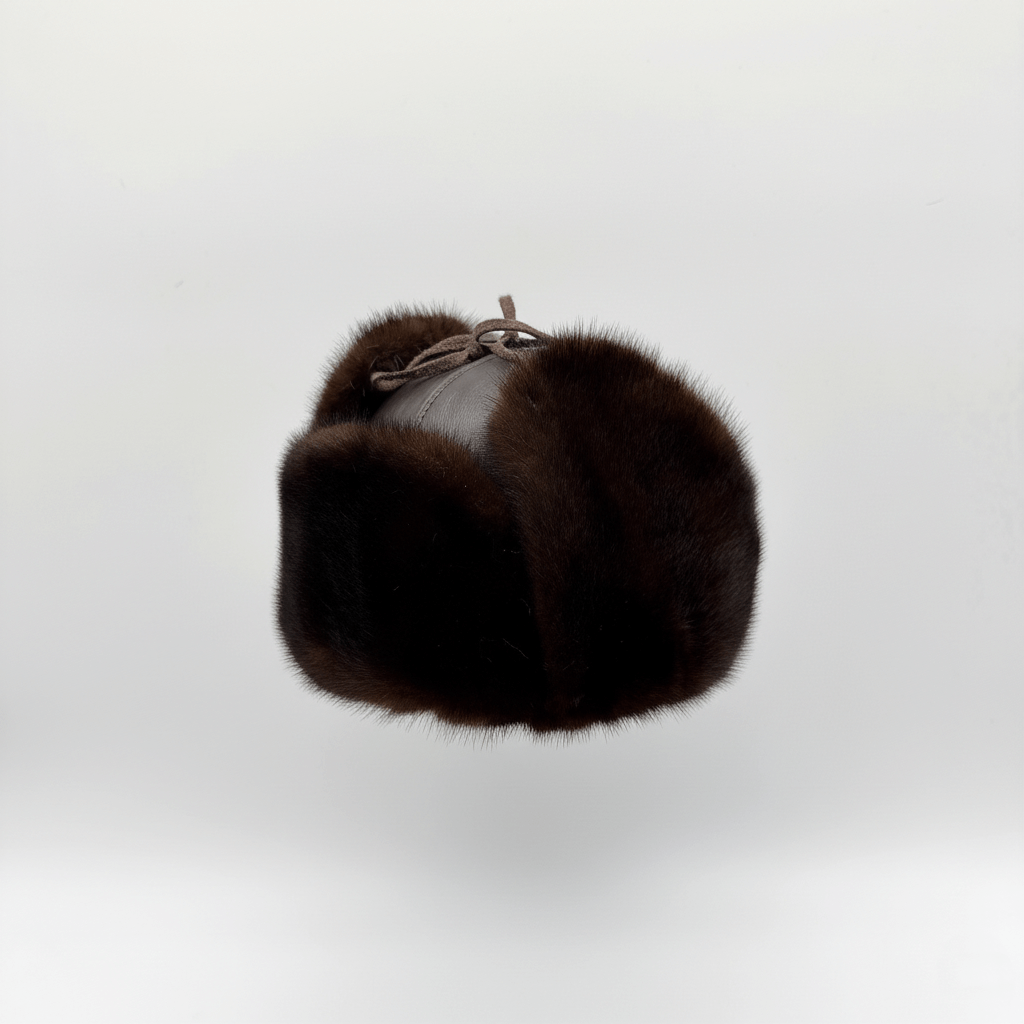 Side view of Recycled Brown Mink Fur Aviator Hat, Brown Leather Charles Model