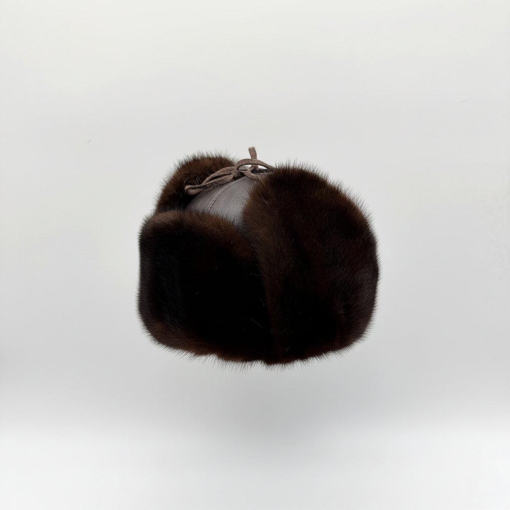 Angled view of Recycled Brown Mink Fur Aviator Hat, Brown Leather Charles Model