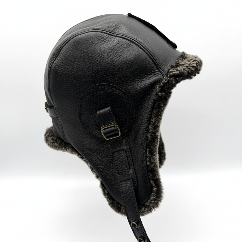Chapeau aviateur en peau de mouton grise, cuir noir - Modèle Simon