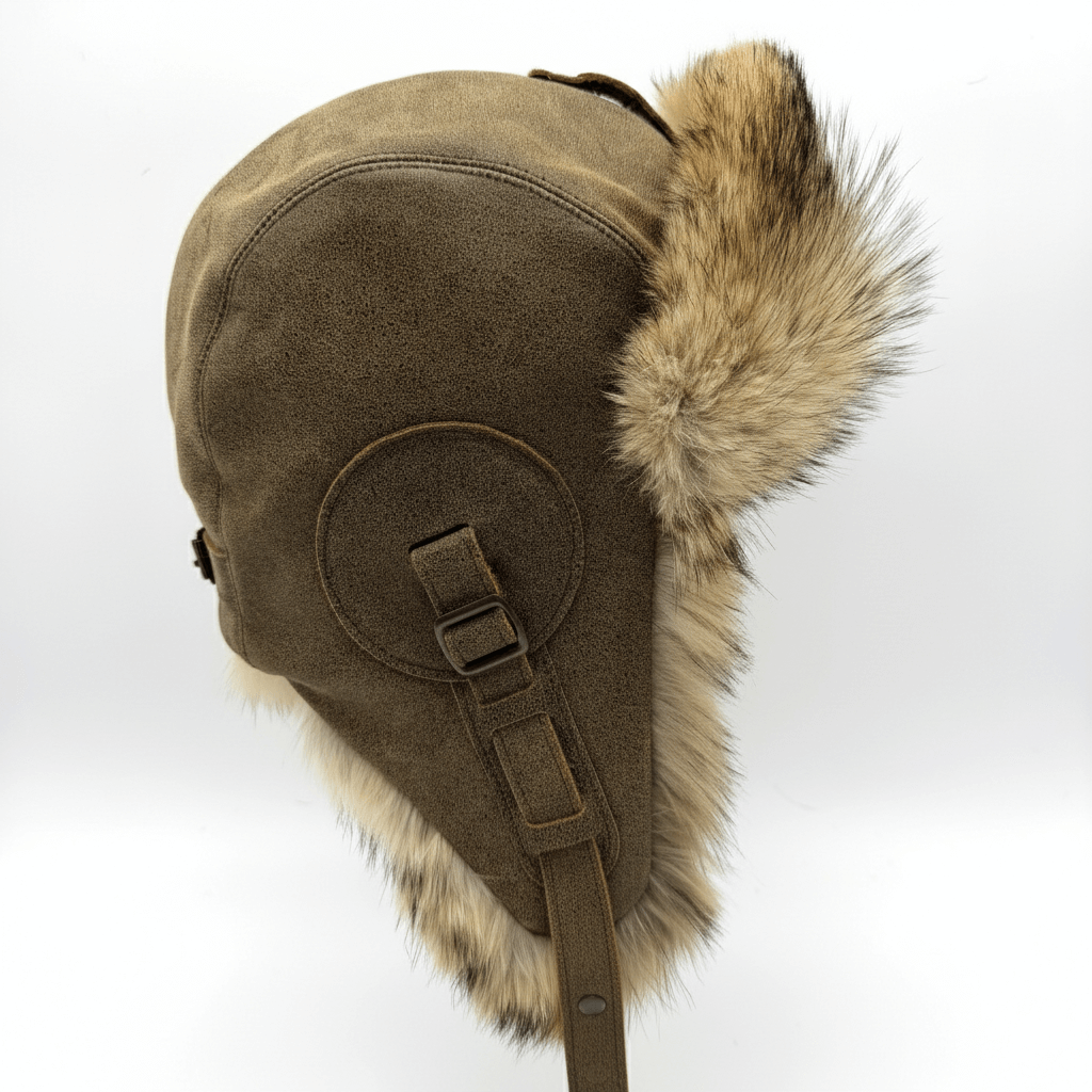 Chapeau aviateur en fourrure de coyote recyclée et cuir noir – Modèle Simon