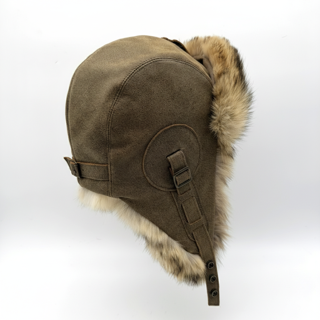 Coyote Fur Aviator Hat, Antique Brown Leather - Simon Model