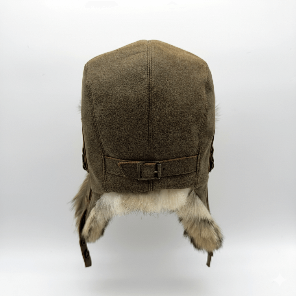 Chapeau aviateur en fourrure de coyote recyclée et cuir noir – Modèle Simon