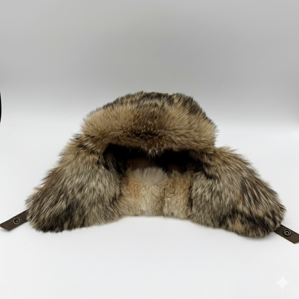 Coyote Fur Aviator Hat, Antique Brown Leather - Simon Model