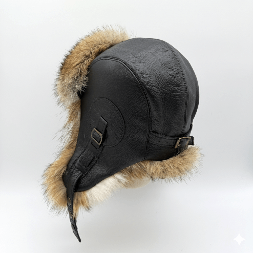Chapeau aviateur en fourrure de coyote recyclée et cuir noir – Modèle Simon