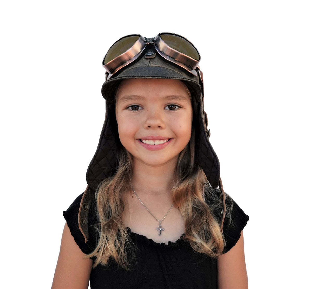 Child wearing the Kids Aviator Hat in brown leather, Simon Model, with copper aviator goggles