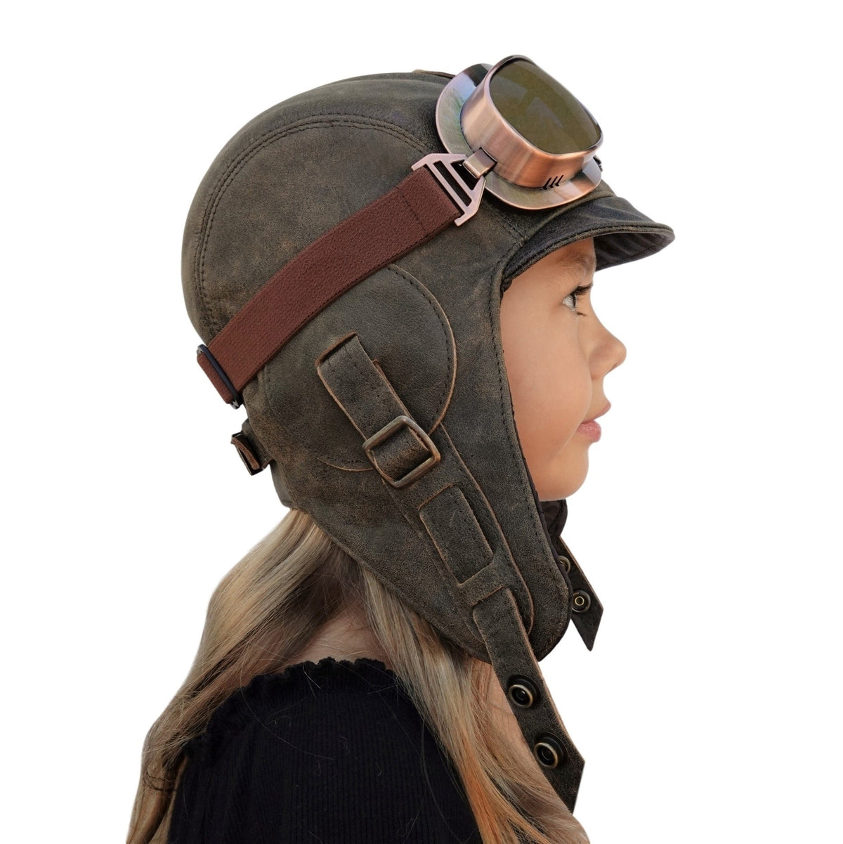 Side view of the Kids Aviator Hat in brown leather, Simon Model, with goggles and adjustable strap