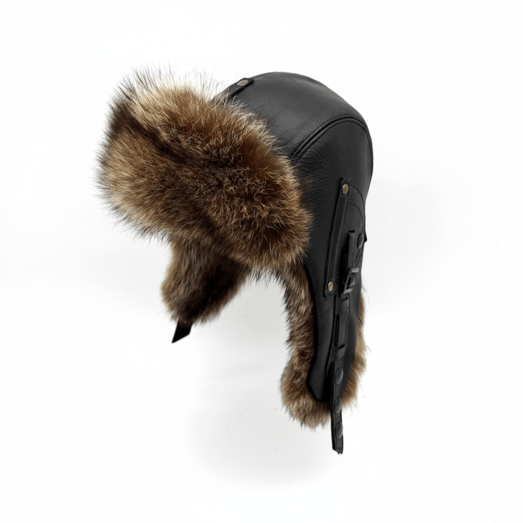 Chapeau aviateur en fourrure de raton laveur, cuir noir - Modèle Antoine