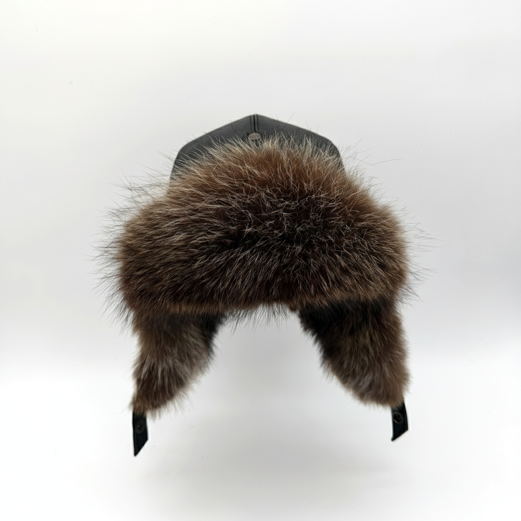 Raccoon Fur Aviator Hat, Black Leather - Simon Model