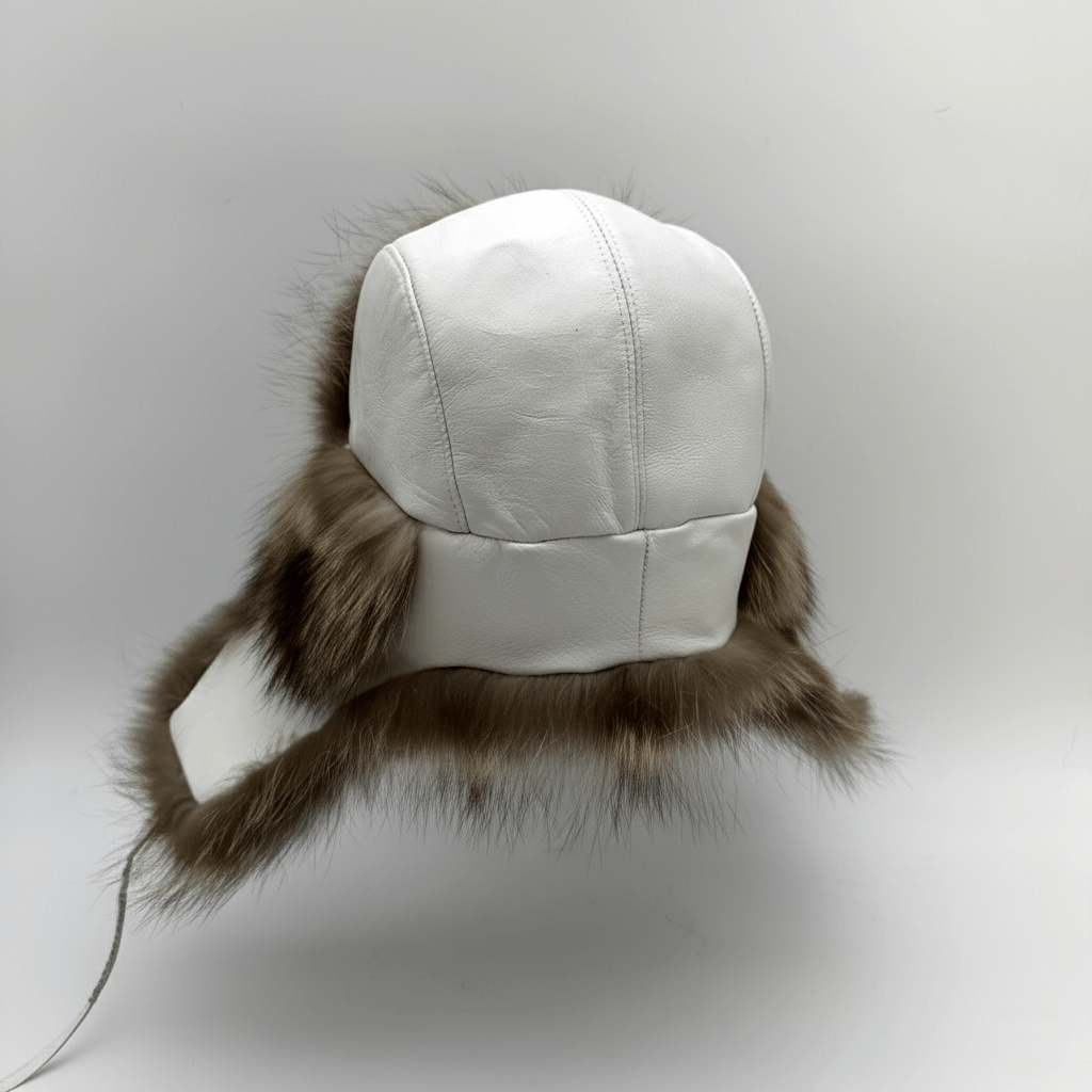 Chapeau trappeur en fourrure de raton laveur, cuir noir