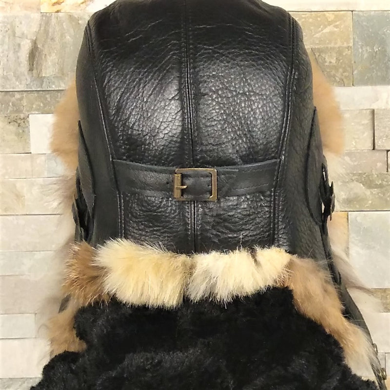 Lynx Fur Aviator Hat, Black Leather - Simon Model